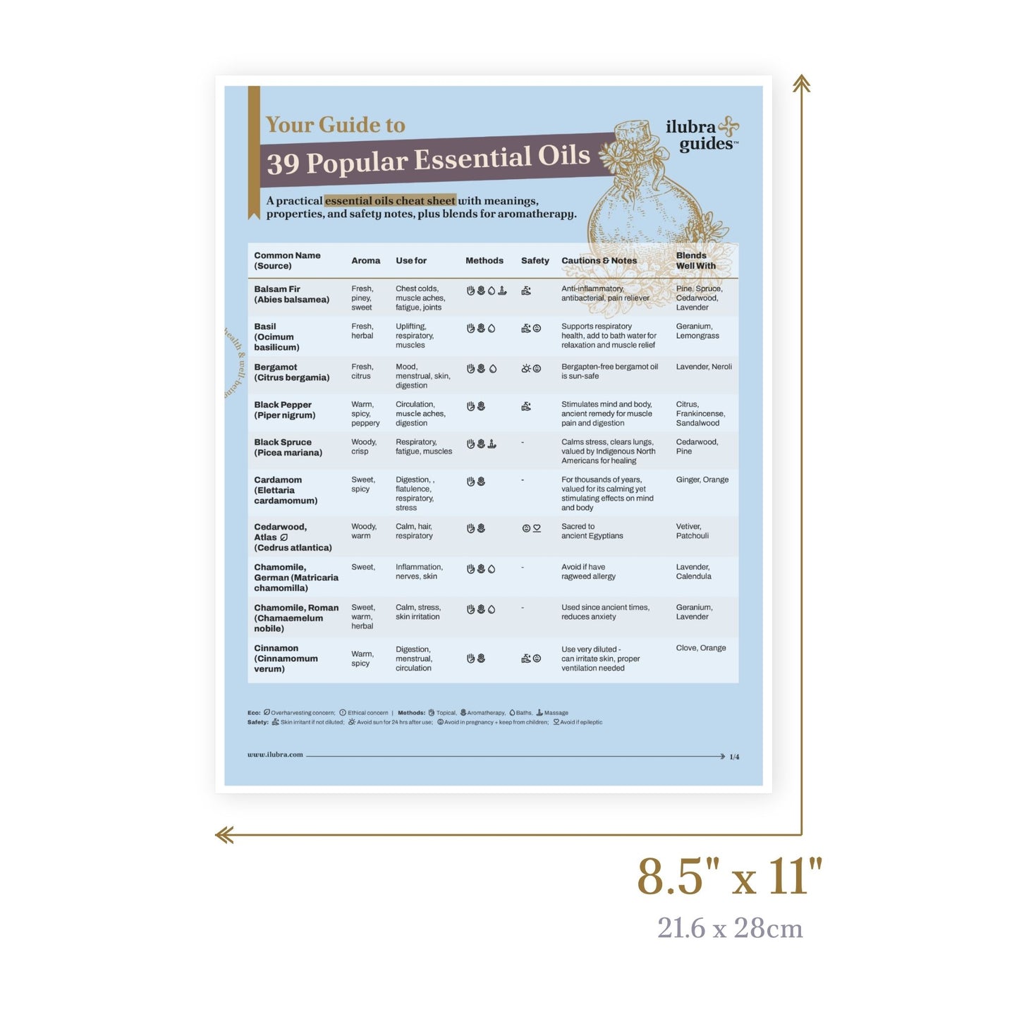 Page 1 and 8.5”x11” size of study guide called Essential Oils Reference Guide: Your At-a-Glance Companion. A Practical Essential Oils Cheat Sheet with Meanings, Properties, and Safety Notes, Plus Blends for Aromatherapy