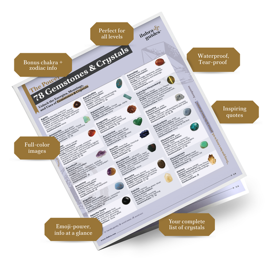 Study guide called Gemstones and Crystals Guide: Your At-a-Glance Companion on a clear background. Callouts around the guide say
WATERPROOF, TEAR-PROOF
FULL-COLOR IMAGES
YOUR COMPLETE LIST OF CRYSTALS
EMOJI-POWER, INFO AT A GLANCE
INSPIRING QUOTES
BONUS CHAKRA+ZODIAC INFO
PERFECT FOR ALL LEVELS