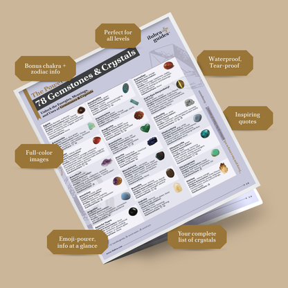 Study guide called Gemstones and Crystals Guide: Your At-a-Glance Companion on a beige background. Callouts around the guide say
WATERPROOF, TEAR-PROOF
FULL-COLOR IMAGES
YOUR COMPLETE LIST OF CRYSTALS
EMOJI-POWER, INFO AT A GLANCE
INSPIRING QUOTES
BONUS CHAKRA+ZODIAC INFO
PERFECT FOR ALL LEVELS