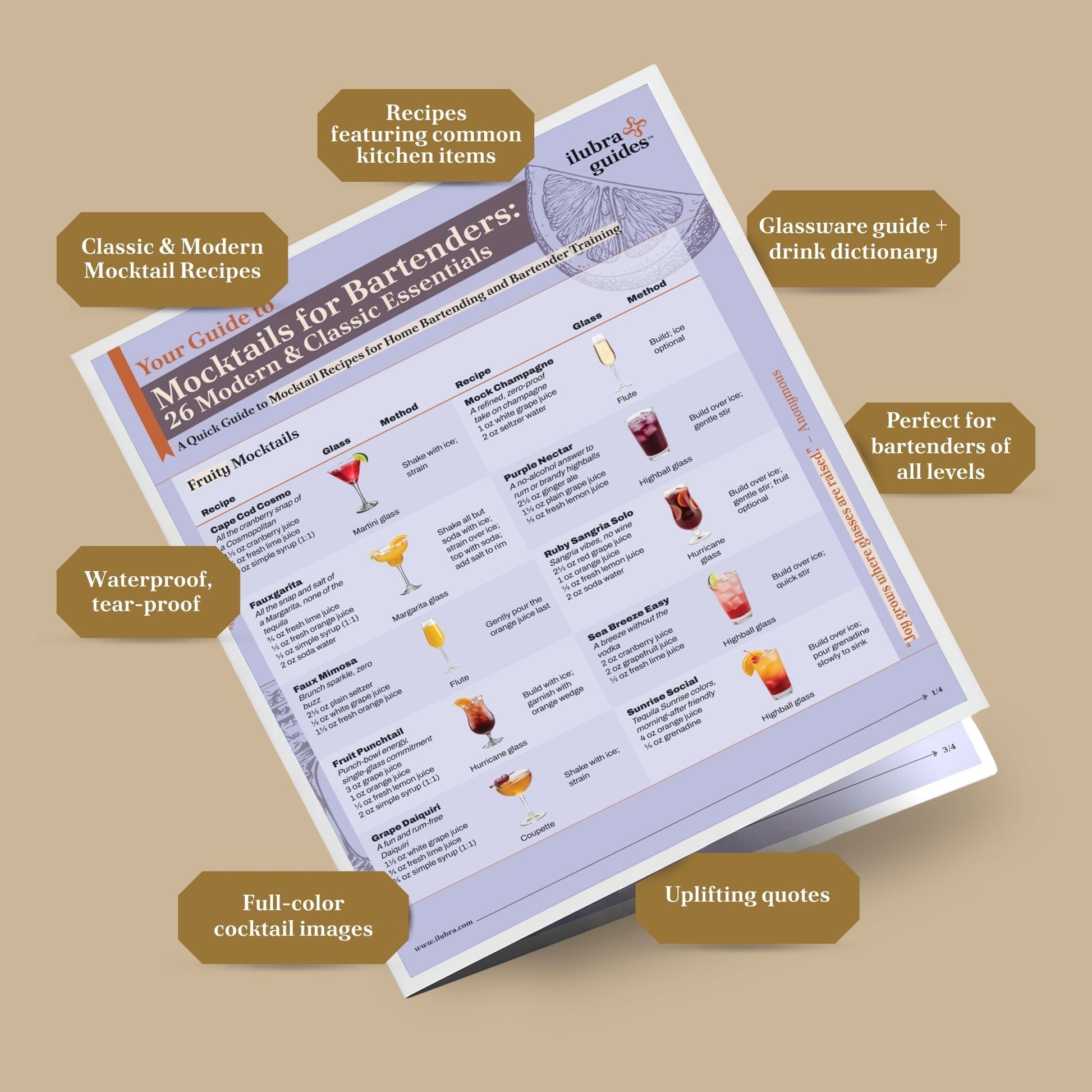 A study guide called Mocktails for Bartenders: 26 Modern, Classic Essentials. A quick guide to mocktail recipes for home bartending and bartender training on a brown background. Callouts around the guide say: Classic & Modern Mocktail Recipes 
Recipes featuring common kitchen items
Glassware guide + drink dictionary
Perfect for bartenders of all levels
Waterproof, tear-proof 
Full-color mocktail images 
Uplifting quotes 
