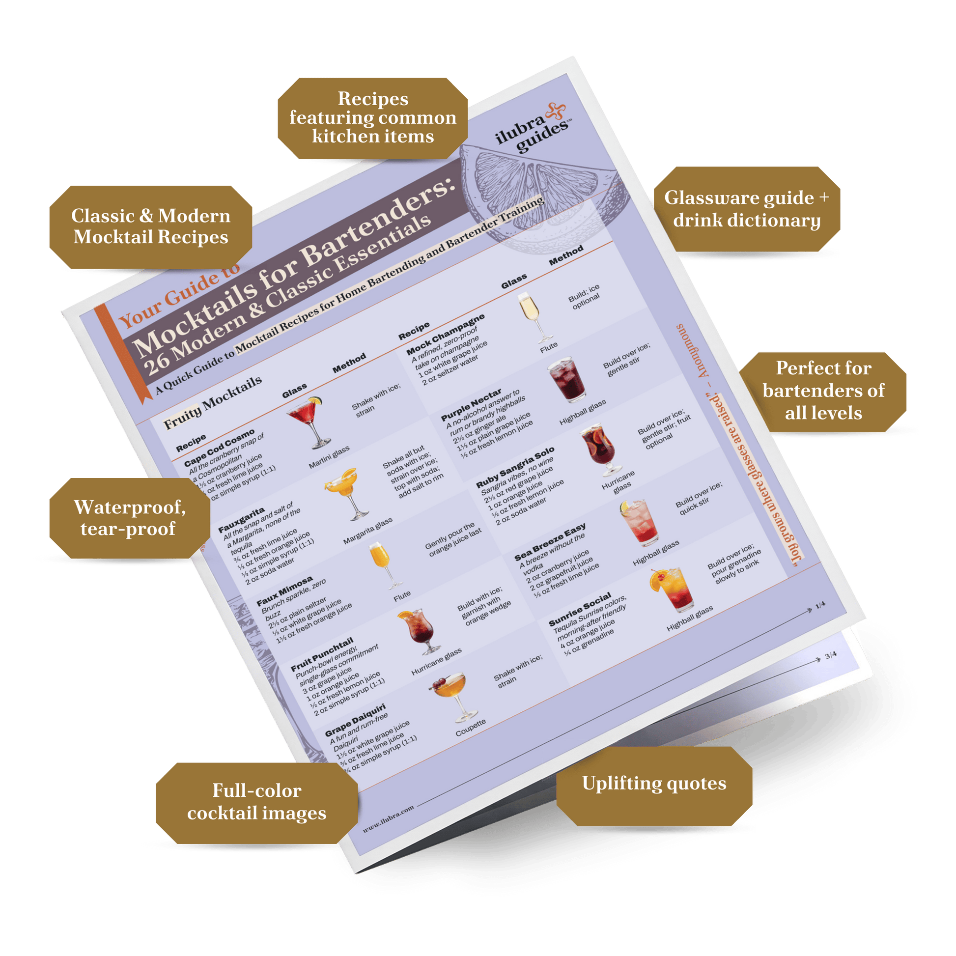 A study guide called Mocktails for Bartenders: 26 Modern, Classic Essentials. A quick guide to mocktail recipes for home bartending and bartender training on a clear background. Callouts around the guide say: Classic & Modern Mocktail Recipes 
Recipes featuring common kitchen items
Glassware guide + drink dictionary
Perfect for bartenders of all levels
Waterproof, tear-proof 
Full-color mocktail images 
Uplifting quotes 
