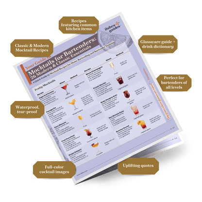A study guide called Mocktails for Bartenders: 26 Modern, Classic Essentials. A quick guide to mocktail recipes for home bartending and bartender training on a clear background. Callouts around the guide say: Classic & Modern Mocktail Recipes 
Recipes featuring common kitchen items
Glassware guide + drink dictionary
Perfect for bartenders of all levels
Waterproof, tear-proof 
Full-color mocktail images 
Uplifting quotes 

